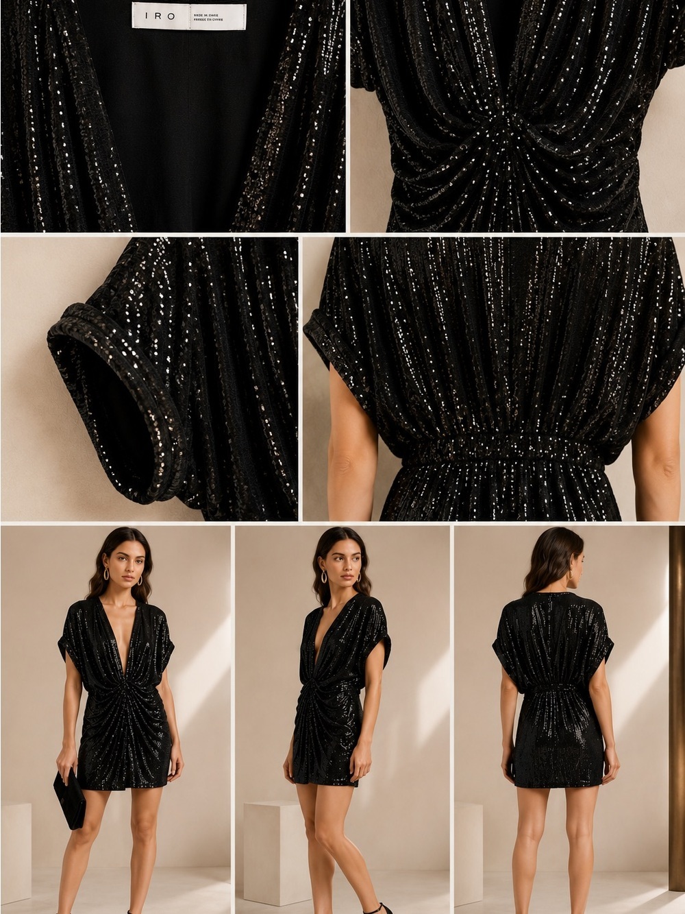 IRO Lilou Sequin Ruched Mini Dress Black Paris WP33LILOU 19W Size 36
